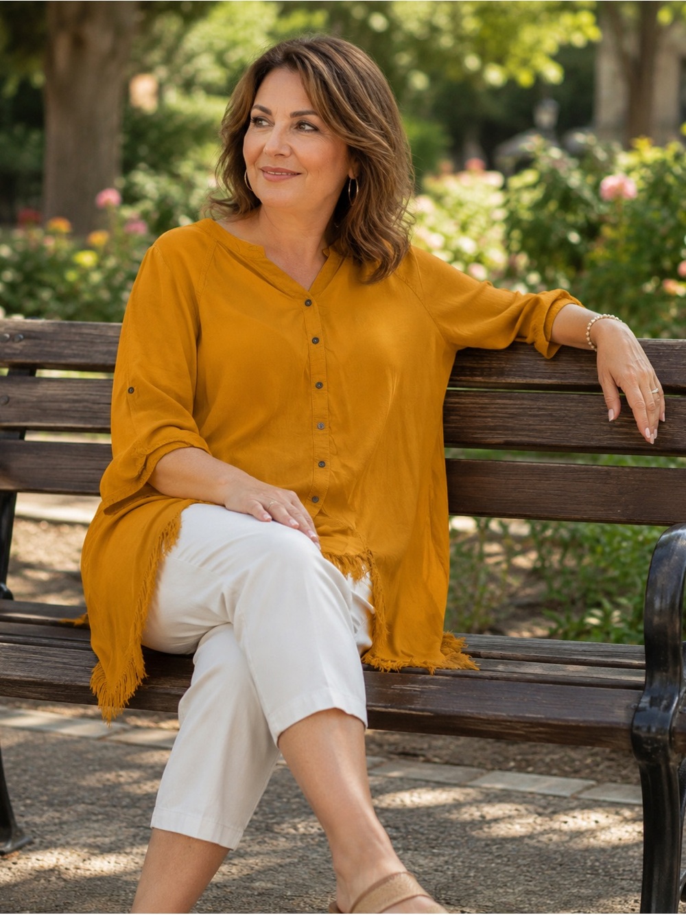 Relaxed Button-Front Frayed-Hem Tunic - Mustard